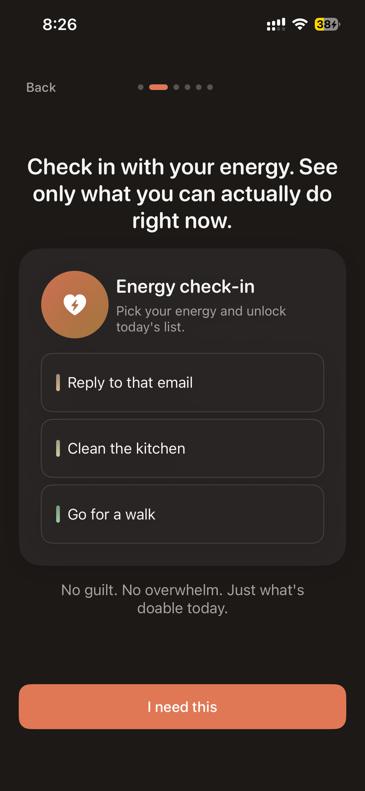 Lunar task list screen showing energy-matched tasks for the current cycle phase