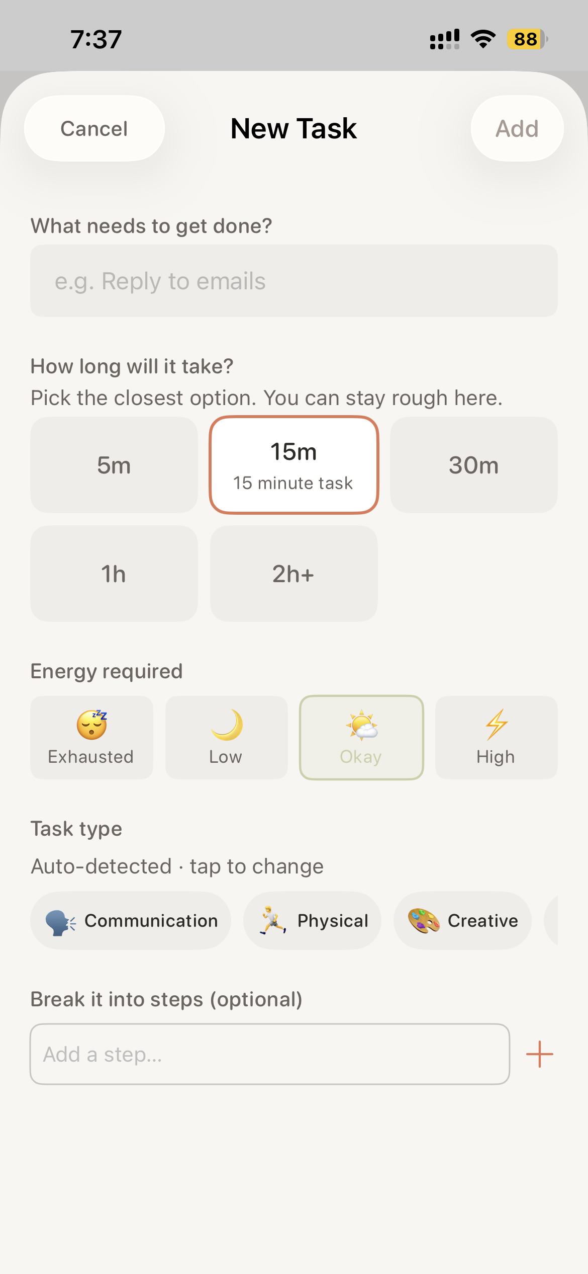 Lunar add task screen showing duration picker, energy level tagging, and task category selection