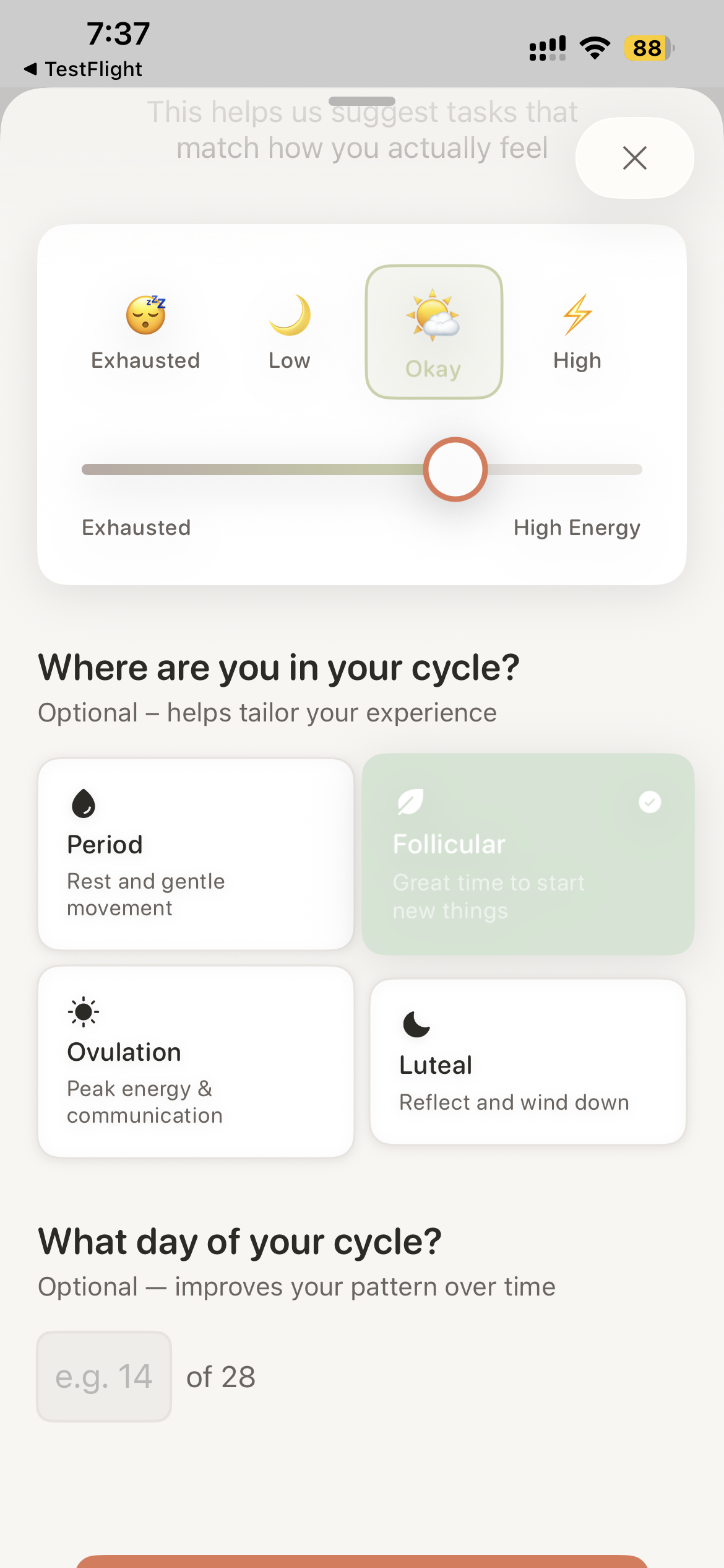 Lunar how are you feeling screen showing cycle phase selection